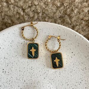 Green Stone Mini gold hoop earrings